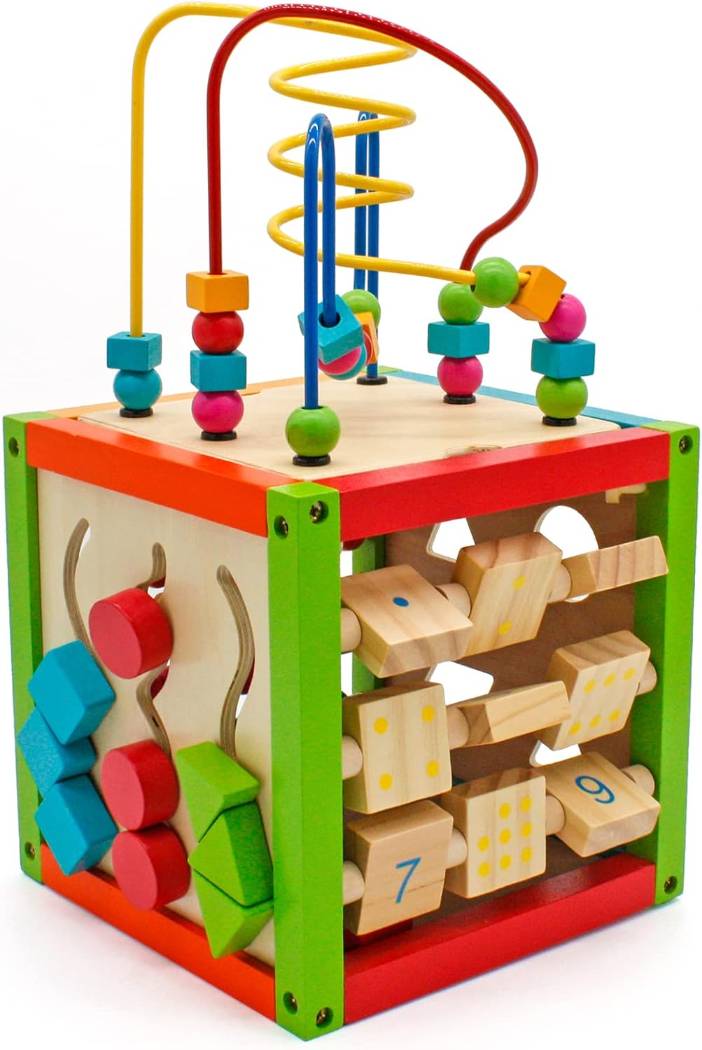 Balinco Wooden Activity Cube – 5-Sided Bead Maze, Abacus, Shape Sorter & Sliding Labyrinth (6+ months)