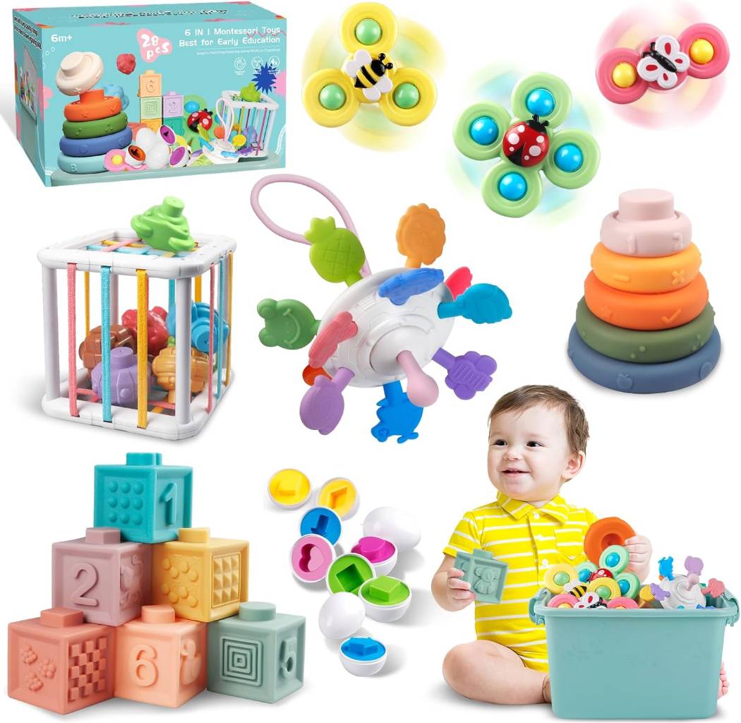 6-in-1 Montessori Baby Sensory Set – Soft Blocks, Stacking Rings, Matching Eggs & Spinners (6+ months)
