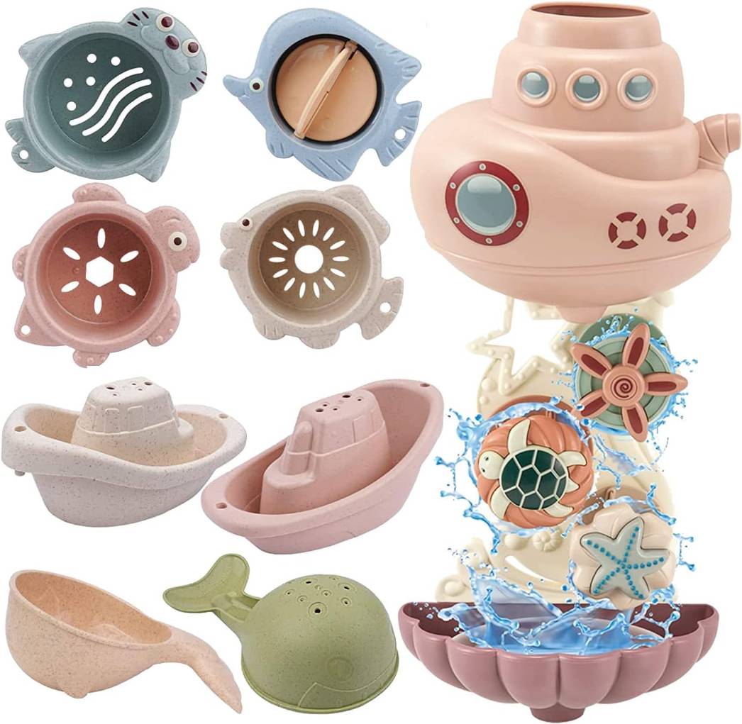Ocean Bath Waterfall Toy – 9-Piece Set with Stacking Cups & Boats (Ages 1–3)